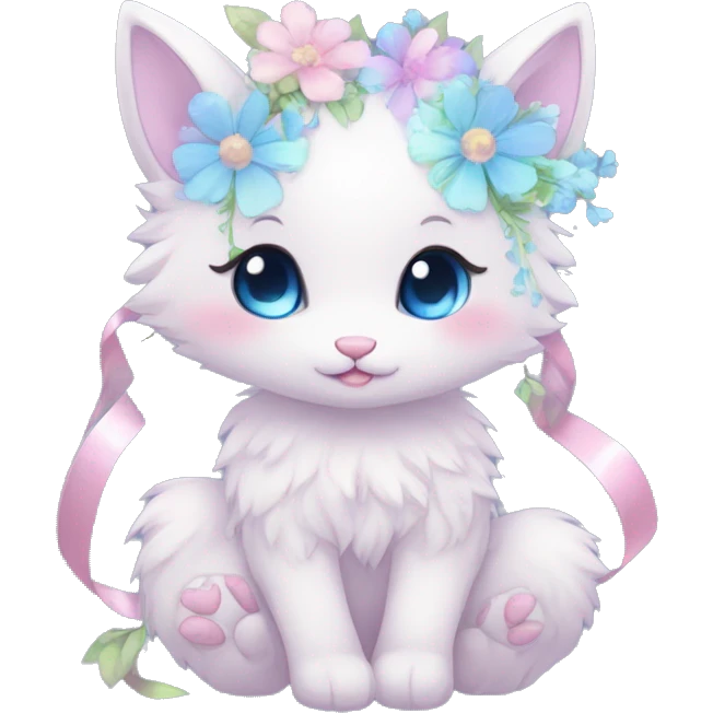 Anthro Cute Cool Blushing Pastel Innocent Shy Kawaii gorgeous sparkly ethereal fantasy animal creature with blue eyes furry sona with flowers and ribbons beautiful aesthetic emoji