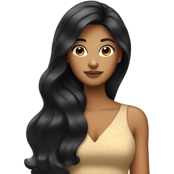 Tanned woman with long black hair wearing 1970s style dress and hair emoji