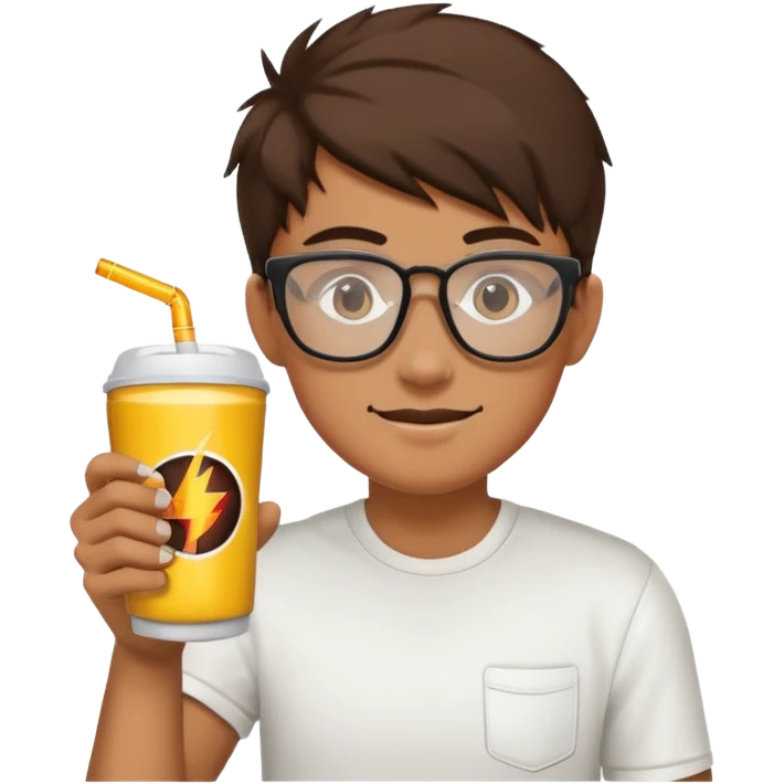 Gamer with big glasses and energy drink coffee emoji