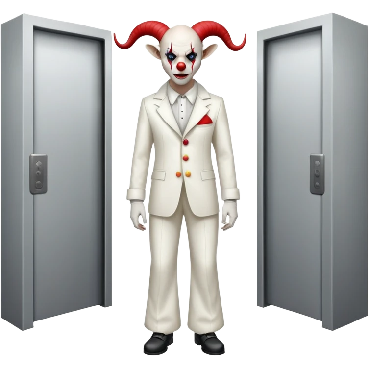 full-body demonic clown in a white leisure suit with bellbottom pants, bald, black ram horns, wearing elevator shoes emoji