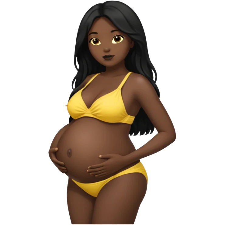 Dark black skin, african black Woman with huge pregnant belly, long hair, yellow bikini, bare midriff, full body, side view. emoji