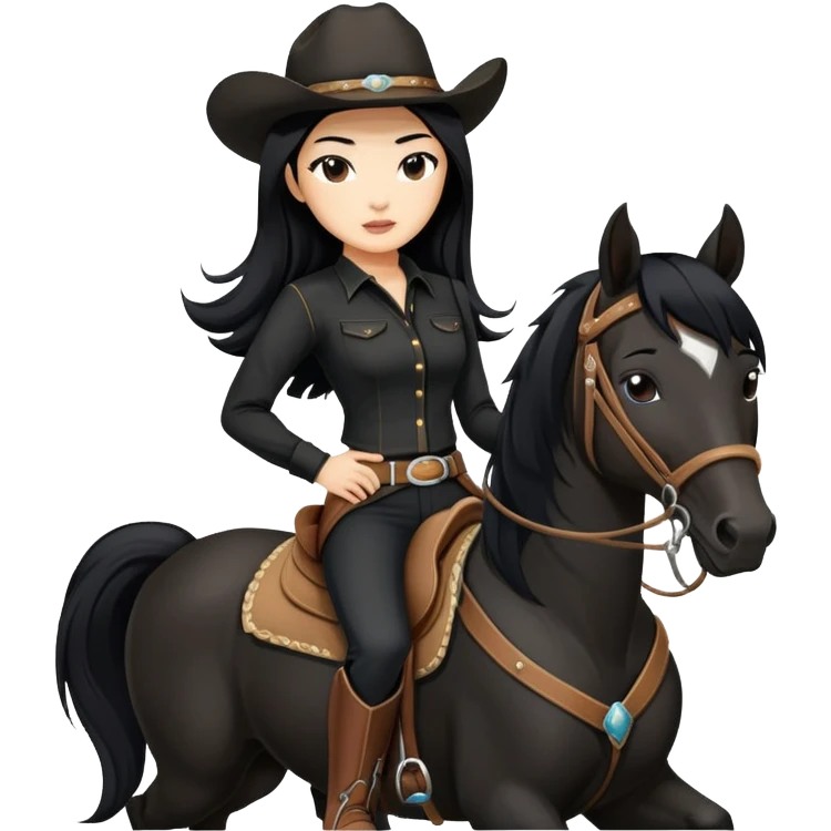 confident Asian woman with long black hair wearing black outfit riding a horse cowgirl style emoji