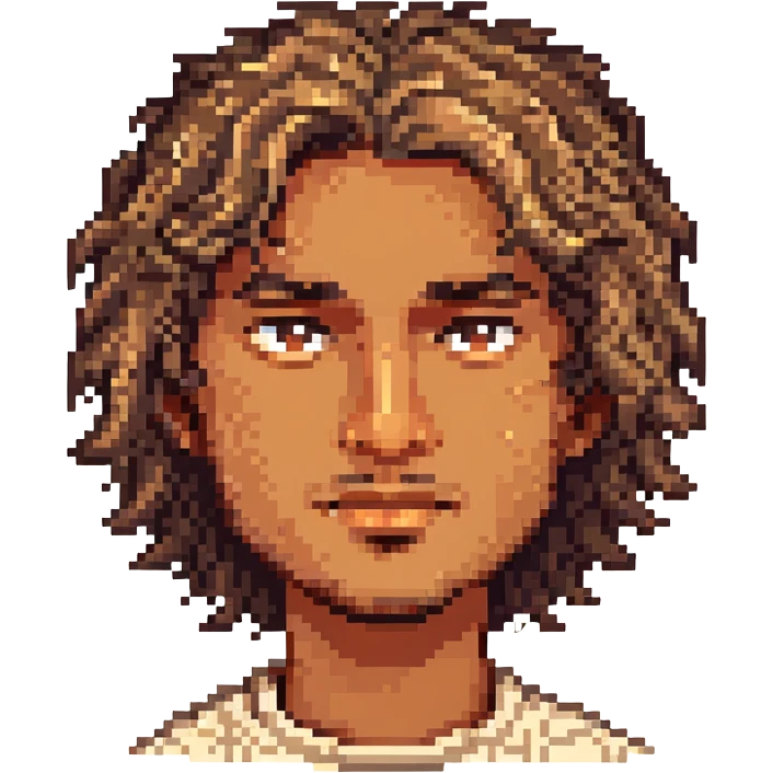 a man with wavy hair, light brown skin, and a small mole on his left cheek, pixel art style emoji
