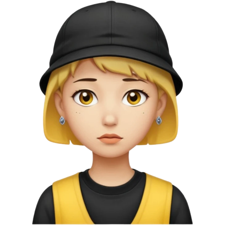 Create me an emoji like that, sad, with earrings, a black cap backwards, yellow skin like an emoji, and short hair down to the nape of my neck. emoji