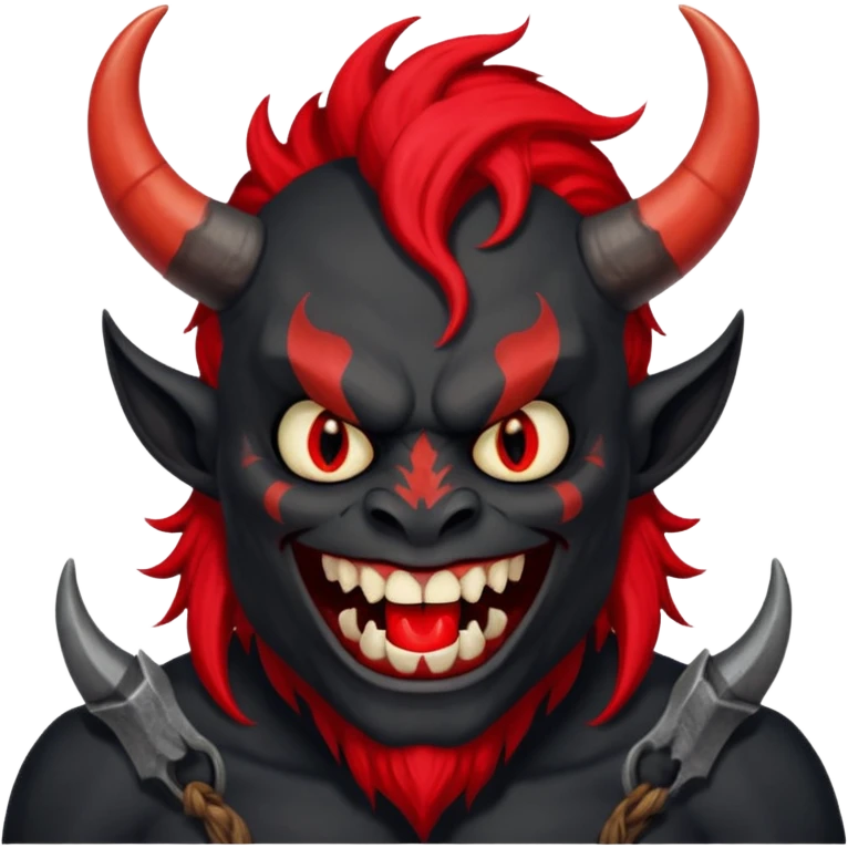 демон с чёрной как уголь кожей, красными клыками, двумя красными рогами торчащими у него изо лба, красной гривой и глазами смеётся (рядом текст "Ха-Ха") emoji
