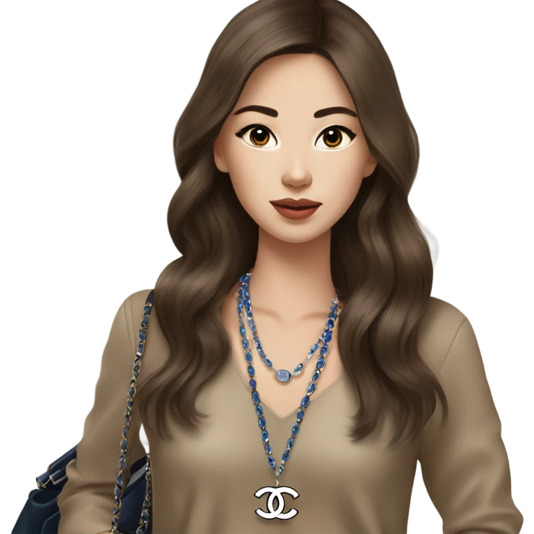 Realistic brown hair blue eyes Chanel Asian Girl with Birkin bag and Chanel necklace emoji