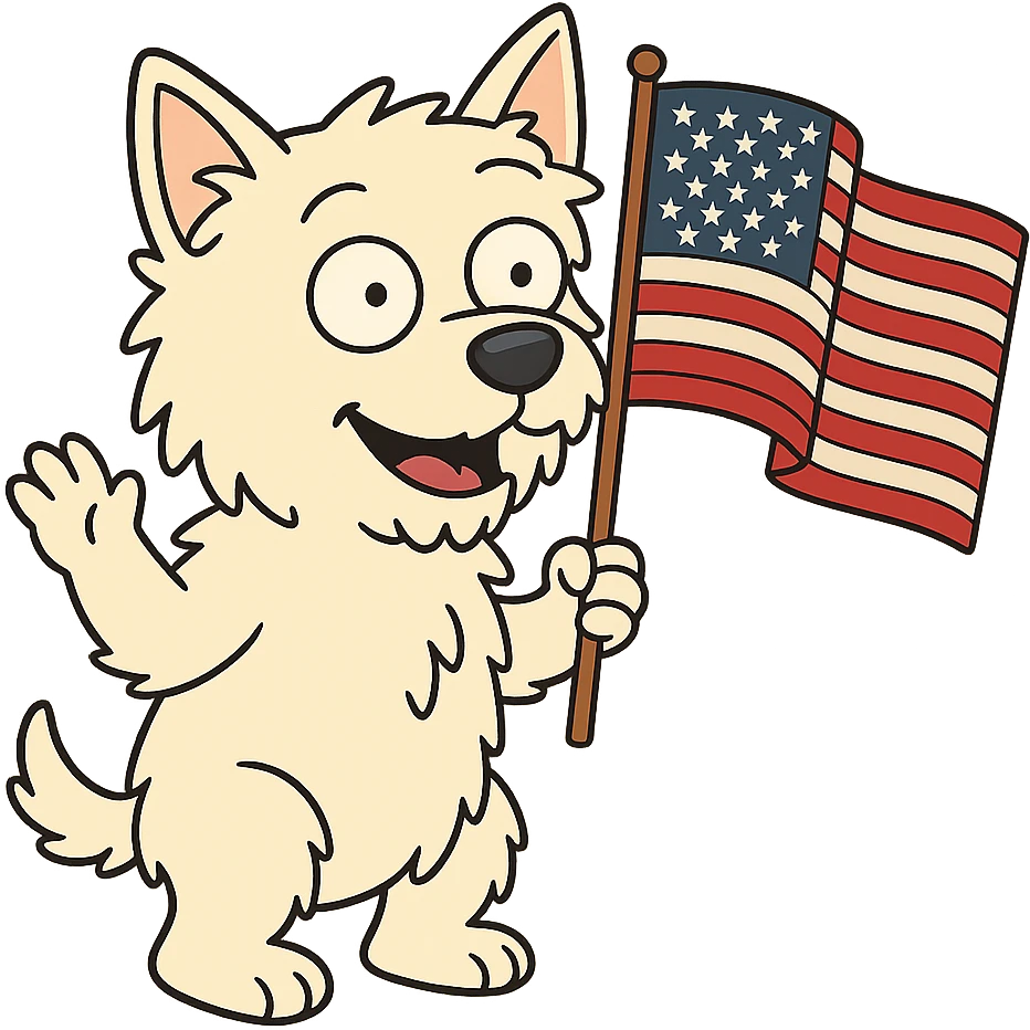West Highland White Terrier holding and waving an American flag, flat toon cartoon style emoji