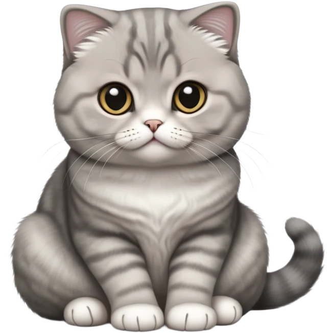 cinematic-[scottish fold cat]-realistic-full-body-sitting-emoji,-tail-curled-playfully-around-its-paws,-head-tilted-dramatically,-fluffy-[grey]-fur,-simplified-yet-realistic-focused-features,-highly-detailed,-glowing-with-an-almost-sarcastic-glow emoji