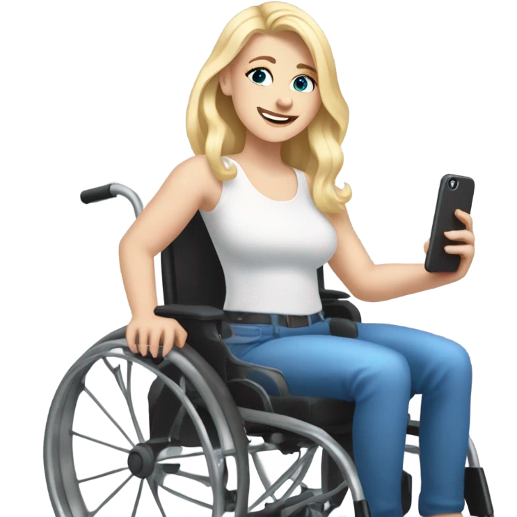 Screaming white girl with blonde hair and blue eyes in wheel chair taking selfies with iPhone emoji