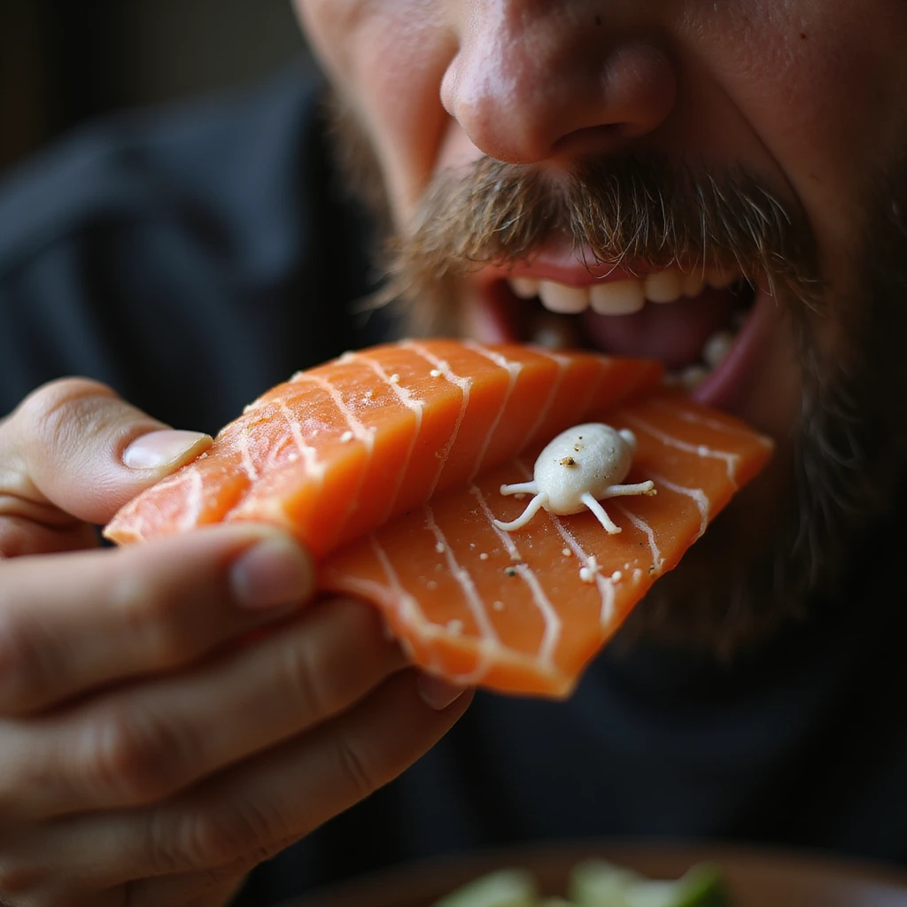 realistic 4K image of a man eating raw salmon sushi with a close-up detail showing white parasites inside the salmon slice emoji