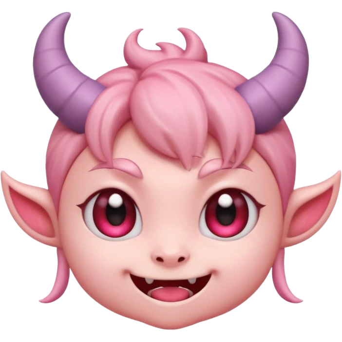 Cute demon cartoon emoji character, chibi proportions, small horns, mischievous smile, big expressive eyes, soft rounded face, tiny fangs, stylized hair, clean smooth shading, simple shapes, friendly not scary,  emoji