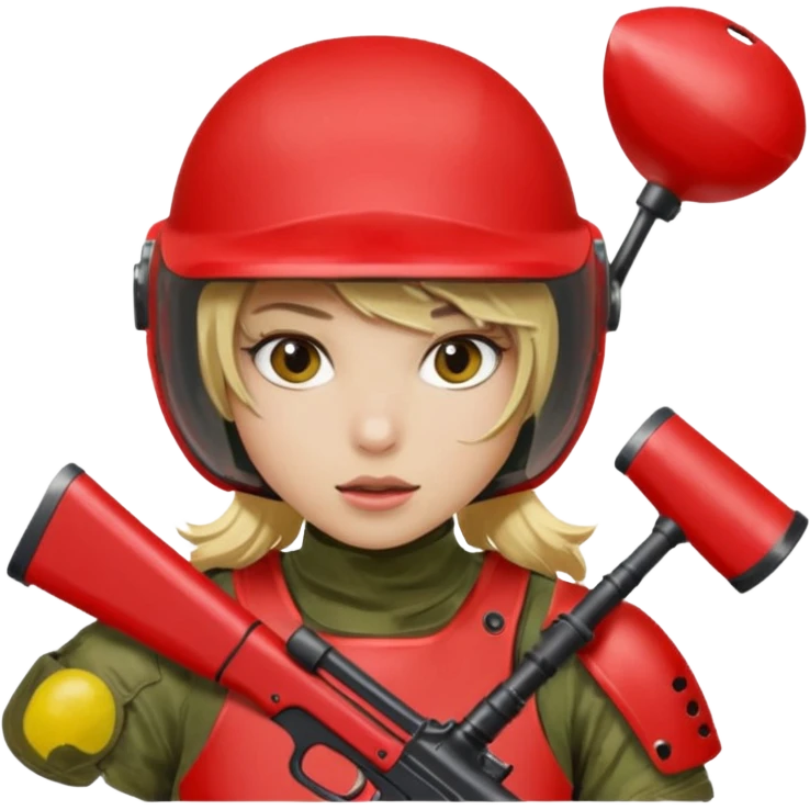 blond girl playing paintball with red paintball helmet, only face emoji