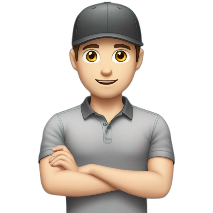 Pale skinned fit Man with dark brown hair in a black cap, gray jeans and dark gray polo T-shirt keeping a pasted with tape white box into his hands emoji