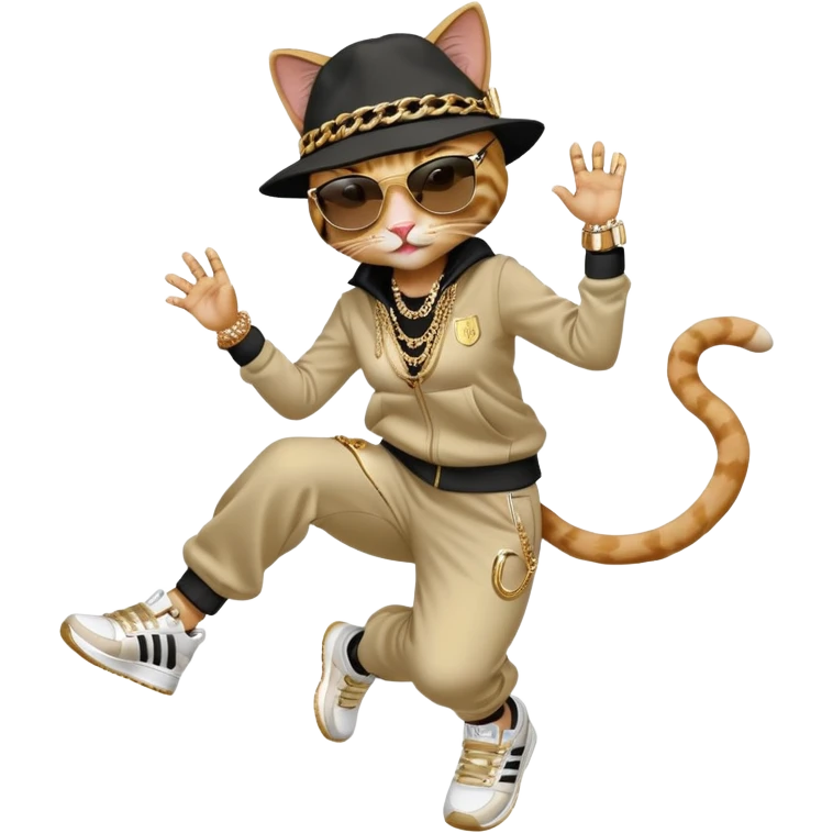 female cat jumping, Run DMC hip-hop outfit, tracksuit, fedora, Adidas sneakers, dark sunglasses, many gold chains, bling accessories rings bracelets earrings emoji