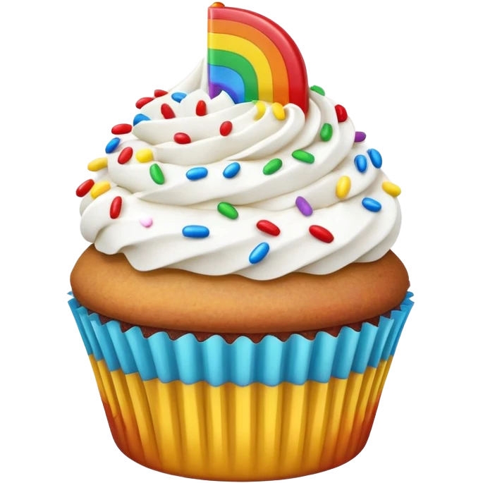 cupcake with white frosting and rainbow sprinkles emoji