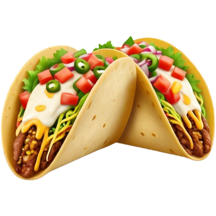 Cinematic vibrant tacos, warm soft shells filled with flavorful meats, fresh vegetables, cheese, and zesty salsa, colorful and lively, ultra-detailed and appetizing. emoji
