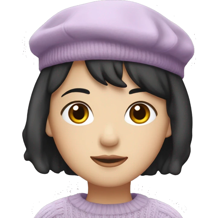 korean girl short black hair sharp jawline, attractive wearing a lilac sweater and beret emoji
