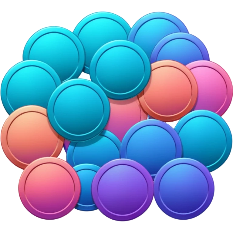 Many Coins pack 
in gradient of turquoise, blue, pink, purple, and coral
 emoji