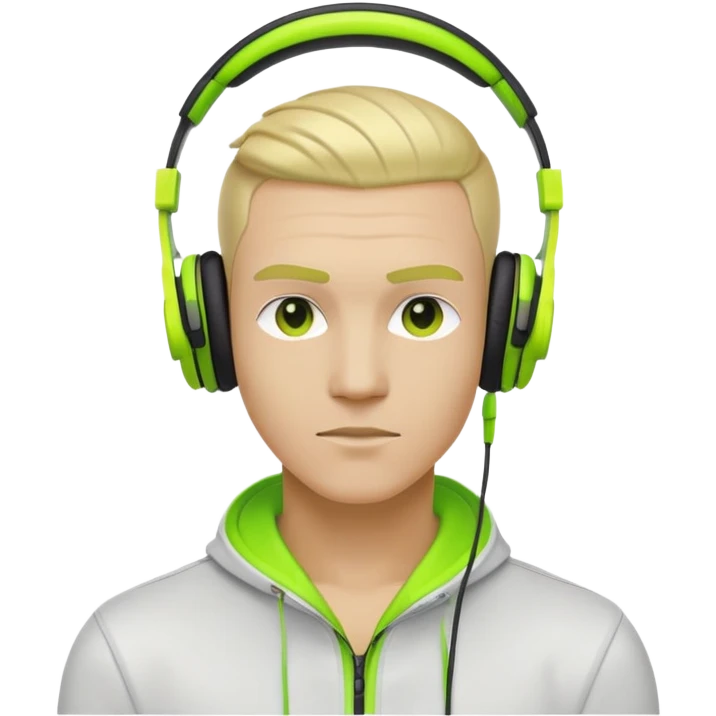 yellow-skinned guy head with slicked back black undercut hair and neon green headphones emoji