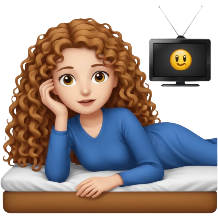 garota branca com olhos castanhos claros e cabelo cacheado longo da mesma cor dos olhos, deitada na cama assistindo tv  emoji