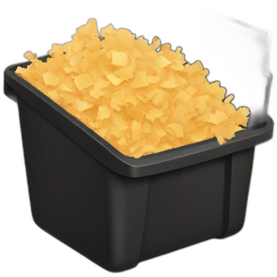 Black cubic plastic container with wood shavings inside emoji
