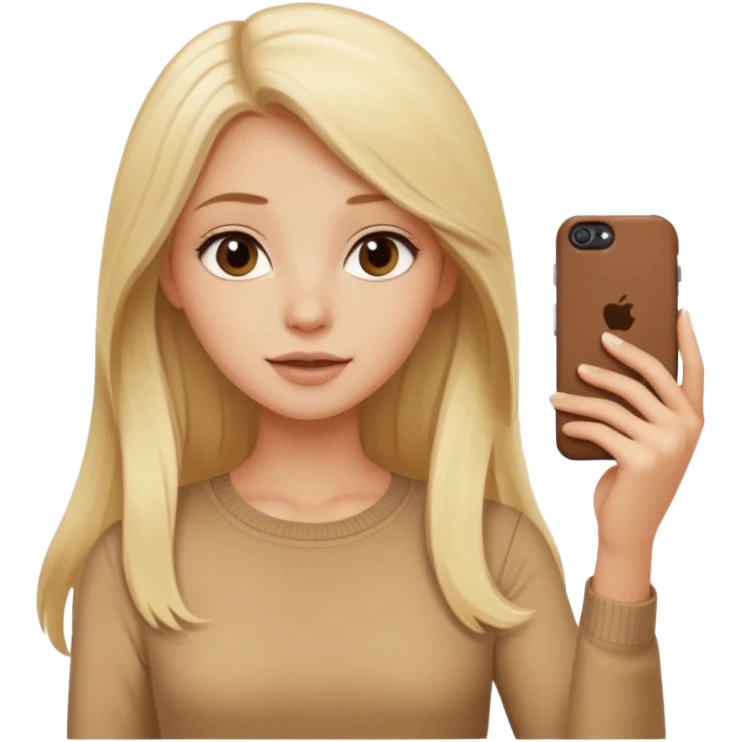  beautiful pale blonde girl with long hair taking selfie on brown case iPhone in beige top emoji