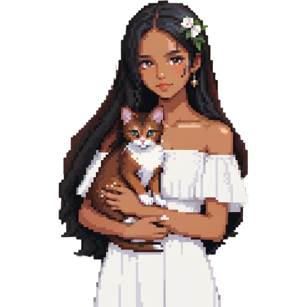 beautiful girl with long black hair wearing a white dress holding an Abyssinian cat with reddish-brown fur in her arms emoji