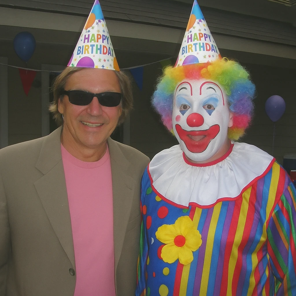 Create an early 2000s digital camera style photograph of a person posing with a clown, both wearing birthday hats. The image should have low quality, washed out colors, slight blur, harsh flash, and a casual party background. The style should reflect the look of an old digital camera photo from the early 2000s. emoji