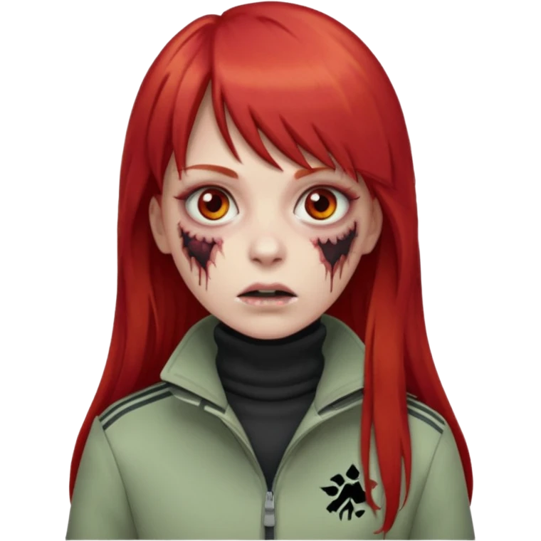 Crie um emoji de uma menina zumbi  com o cabelo vermelho longo com uma franja reta casaco de gola alta da adidas emoji