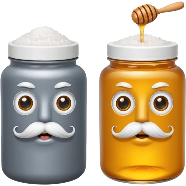 Garama and Madundung are together a gray container of salt and a honey container with a cloth on top. They each have eyes with white in the middle, a mouth, nose, and mustache both customary to their colors. They have hairy legs and emit an aura of salt (Garama), and honey (Madundung). emoji