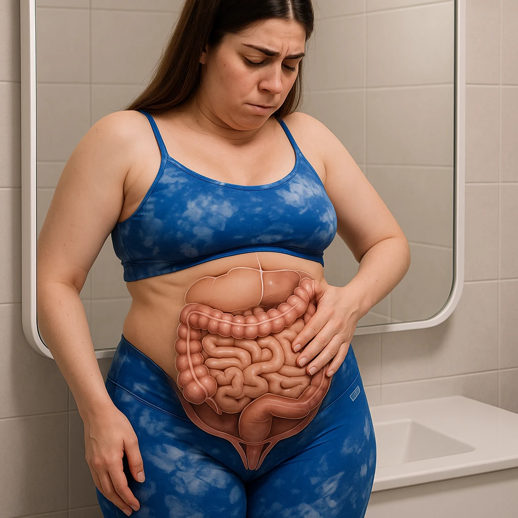 A slender woman in 4K in front of the bathroom mirror, observing a bloated belly, with an anatomical overlay showing the position of the intestine and pelvic floor, inspired by the reference photo. emoji