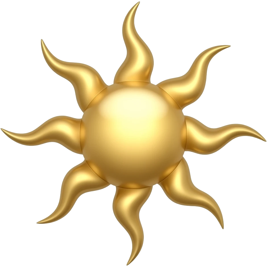 an elegant golden sun with long curved flowing rays, organic and fluid shapes, no face, thin graceful lines, feminine and ethereal, inspired by renaissance art, soft warm glow, slightly imperfect, minimal yet poetic, beige and antique gold palette, transparent background emoji