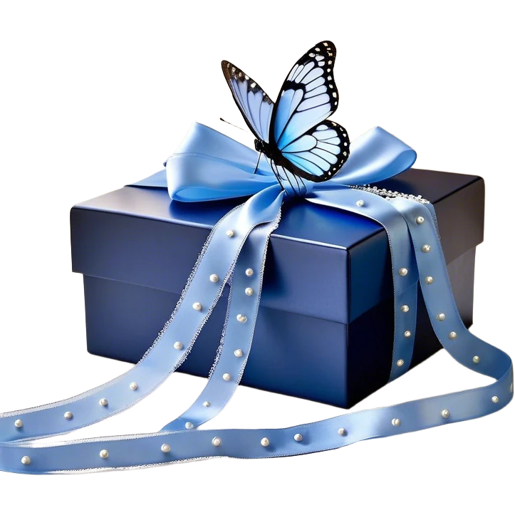 A translucent blue butterfly with pearl-like speckles rests gently on a cascading satin ribbon, its soft sheen reflecting the morning light. The ribbon, tied into an elegant bow, drapes over a lace-trimmed wooden box, while delicate shadows dance across its surface. Another butterfly, with wings as light as gossamer, flutters nearby, its movement barely stirring the air. emoji