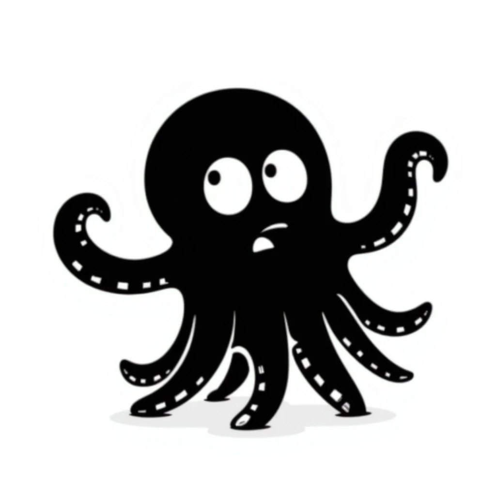 A black doodle of Cthulhu looking scared emoji