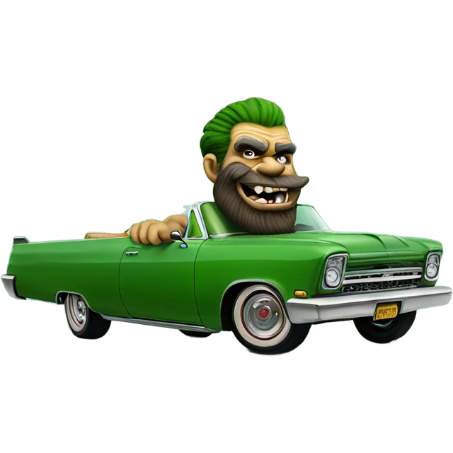 realistic portrait of bearded man troll puffing, big clouds while riding in a green Lowrider emoji