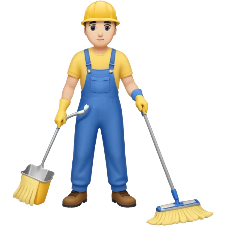 Custodian with yellow rubber gloves, blue overalls mopping floor emoji