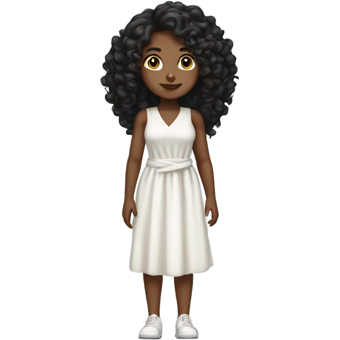 Tan girl with black long curly hair and white tied dress full body emoji