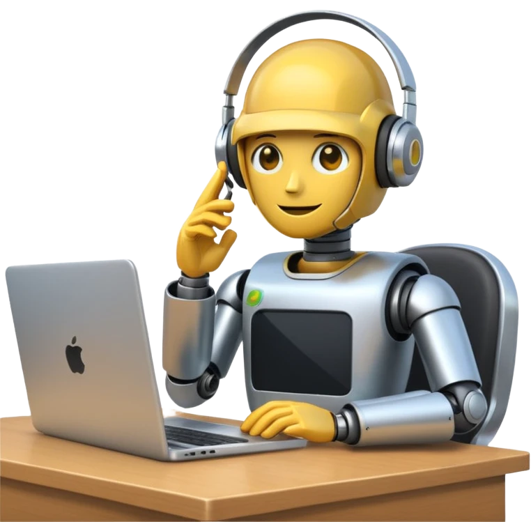 flat apple-style emoji of a recruiter robot at a desk, headset on, typing on a laptop, cute emoji
