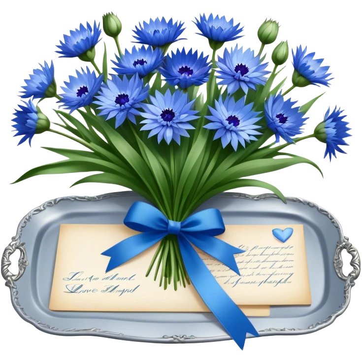 A beautifully ornate silver tray holding a bouquet of soft blue cornflowers and a love letter tied with a green ribbon. emoji