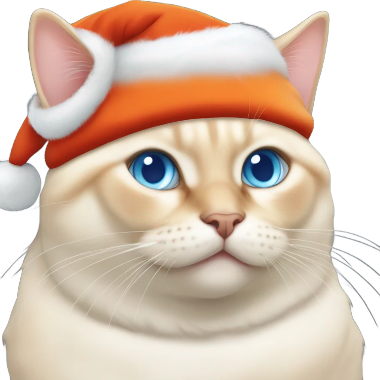 chubby fat, flame point Siamese, short fur, with white fur with orange accents, and blue eyes, smiling, wearing a red santa hat  emoji