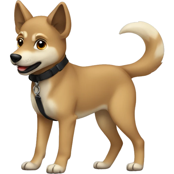 4 short legs a light brown puppy-like wolf with black  ears with black leash  is walking emoji