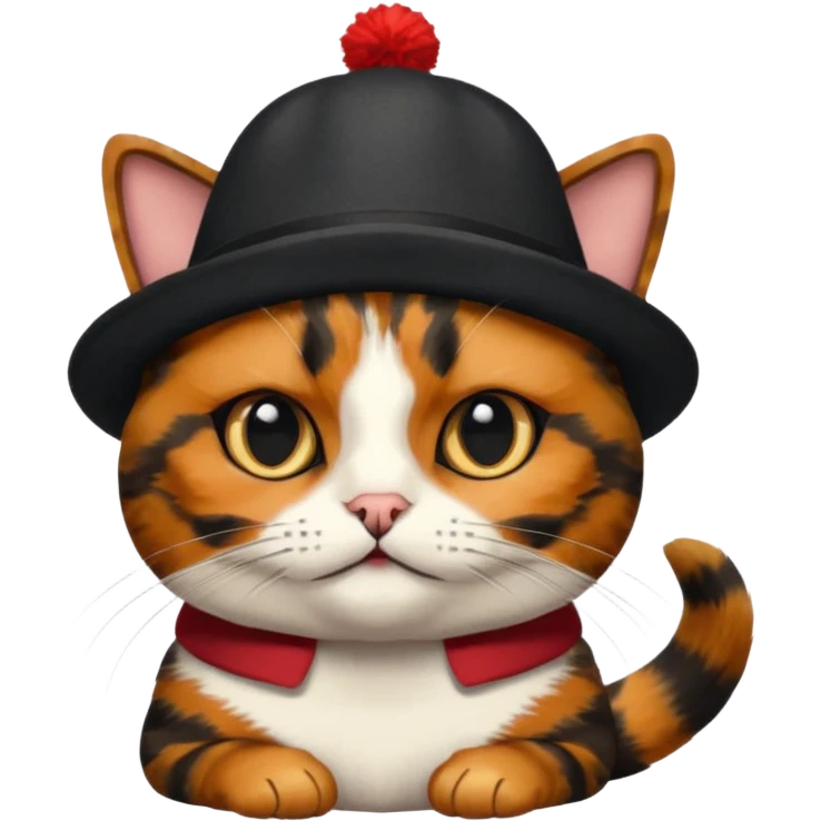 tortoiseshell cat with a british hat, a little sassy. mostly black and brown emoji