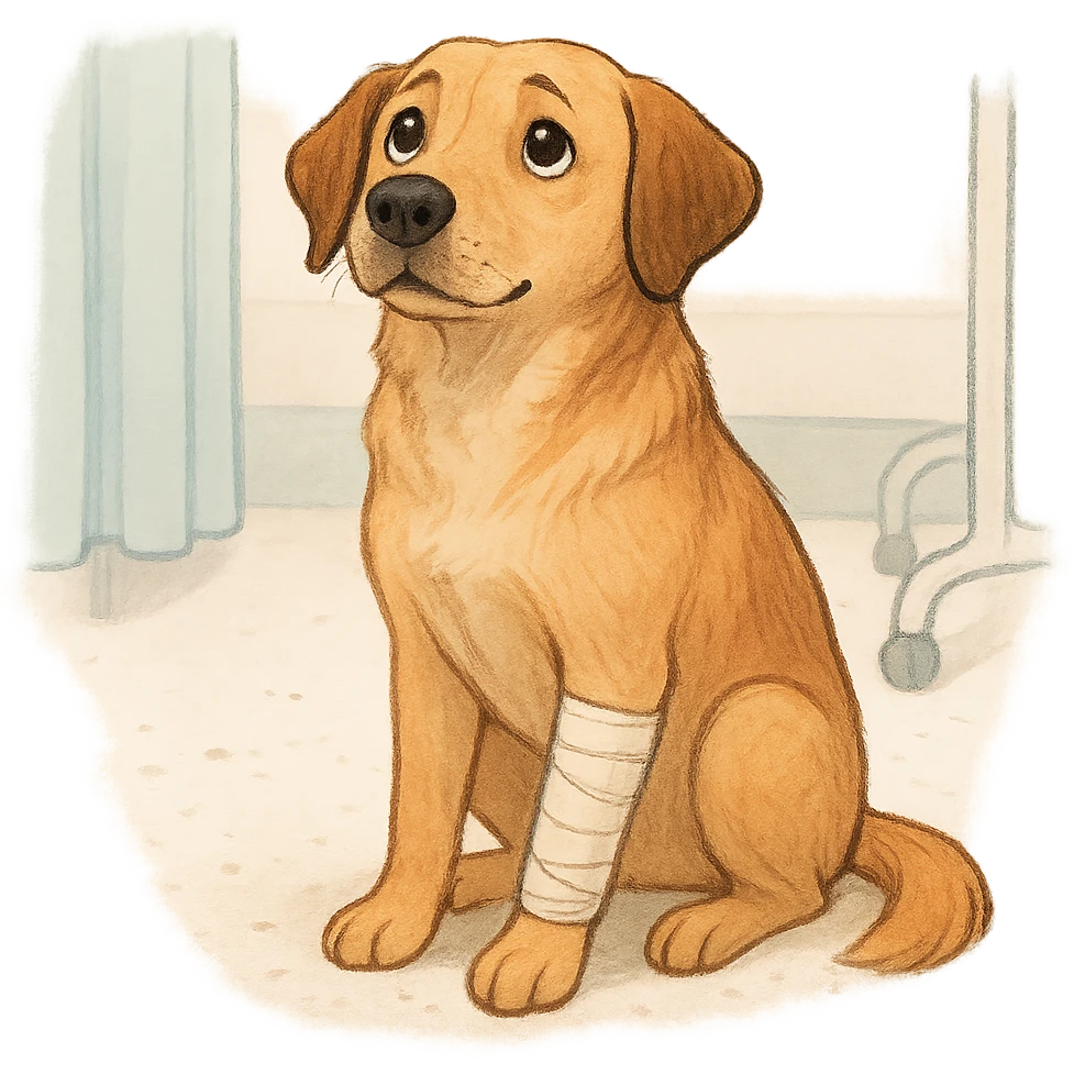 dog with a shaved leg and a bandage, sitting up, looking hopeful, gentle medical care context emoji