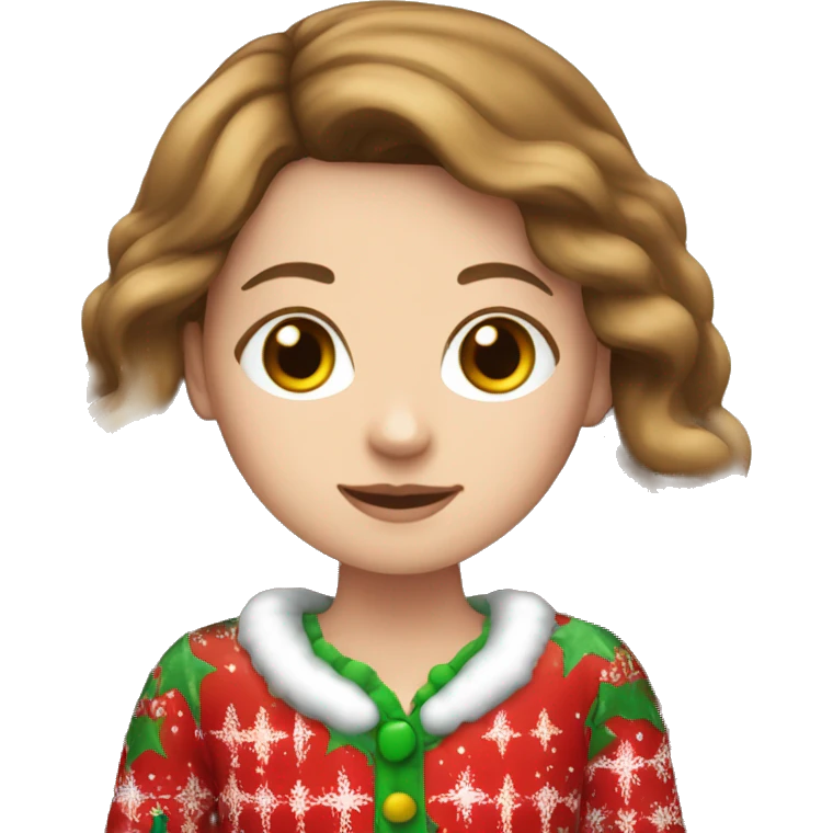 White girl with long brown hair wearing Christmas pajamas emoji