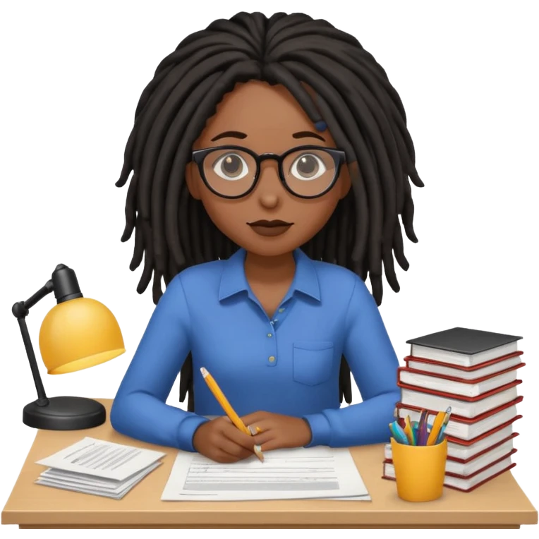 Black female with dark dreadlock hair and large round glasses with a desk full of papers emoji