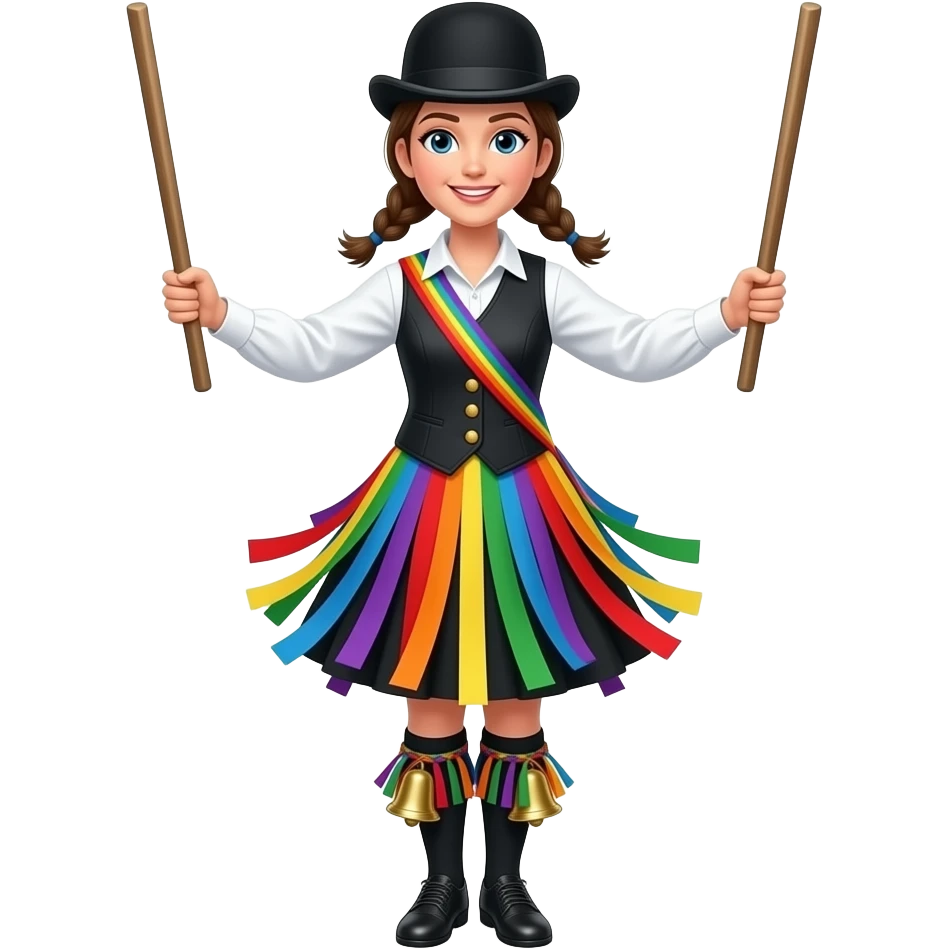 Female Border Morris dancer with sticks in hands (sticks have no decoration) and christmas bells on shins only with rainbow tatters coming off her waist and a vest with tatters and black bowler hat emoji