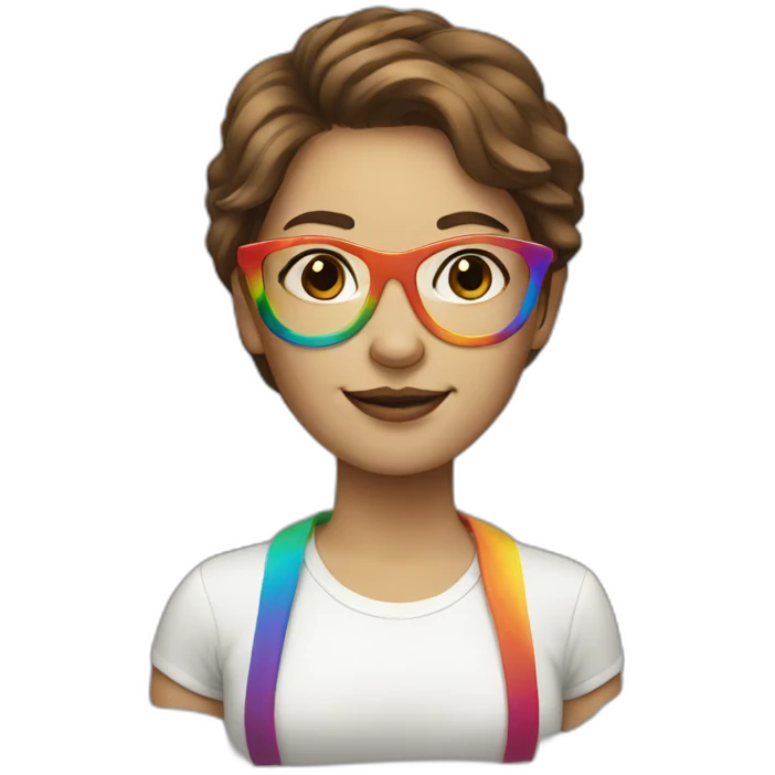 brown hair white woman with rainbow glasses emoji