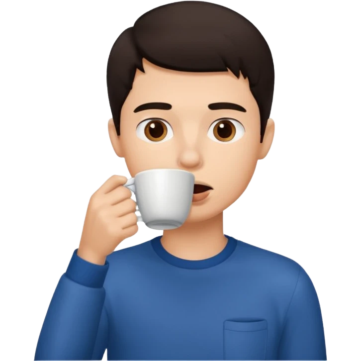 a boy drinking coffee , the cup is touching his mouth, emoji