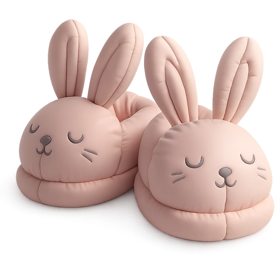 pair of bunny slippers with floppy ears and embroidered eyes, cozy and rounded, pastel palette, cushion style emoji