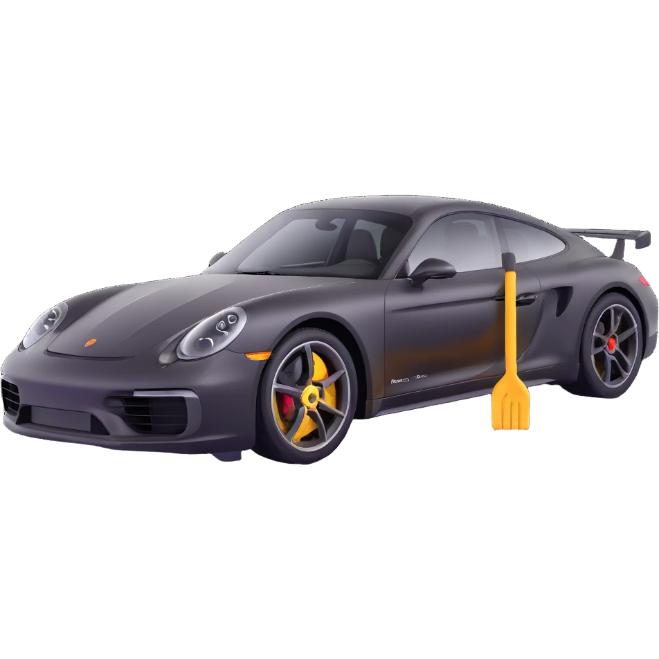 Porsche luxury car with a visible dent from a crash, dent repair tools like a lever and small hammer, elegant and modern emoji